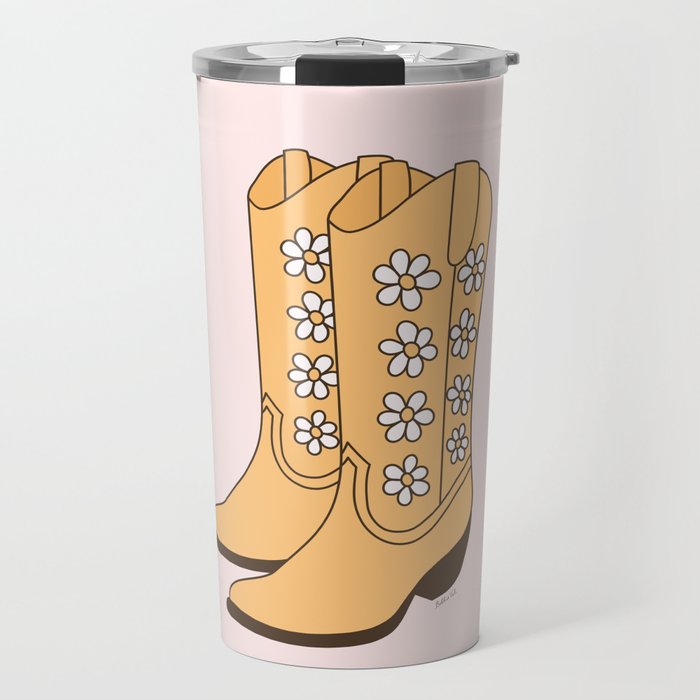 Western Vintage Floral Cowgirl Boots with Daisies in Blush and Yellow Travel Mug