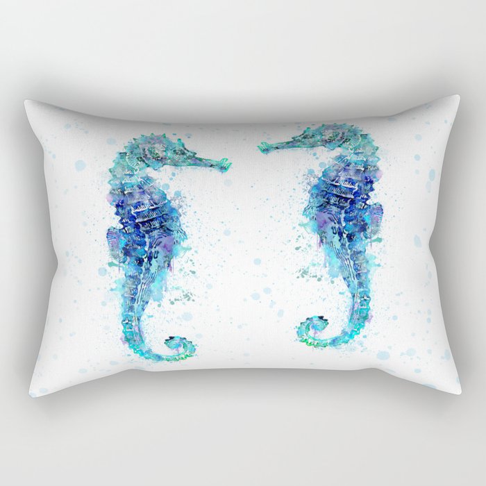 Blue Turquoise Watercolor Seahorse Rectangular Pillow
