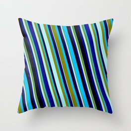 [ Thumbnail: Eyecatching Deep Sky Blue, Green, Turquoise, Dark Blue, and Black Colored Pattern of Stripes Throw Pillow ]