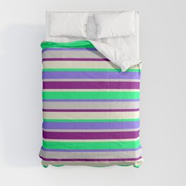 [ Thumbnail: Colorful Green, Medium Slate Blue, Light Gray, Purple, and Beige Stripes/Lines Pattern Comforter ]