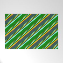 [ Thumbnail: Orange, Dark Slate Gray, Aquamarine, and Green Colored Stripes Pattern Welcome Mat ]