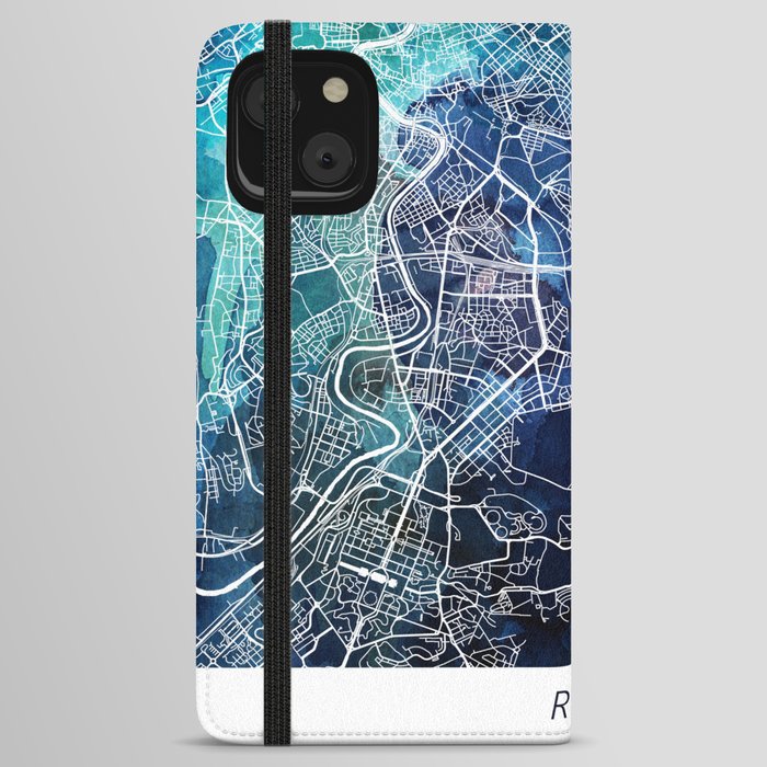 Rome Italy Map Navy Blue Turquoise Watercolor iPhone Wallet Case