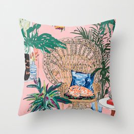 Ginger Cat in Peacock Chair with Indoor Jungle of House Plants Interior Painting Throw Pillow