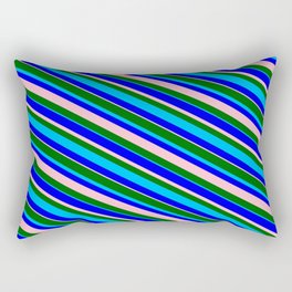 [ Thumbnail: Dark Green, Deep Sky Blue, Blue & Pink Colored Stripes/Lines Pattern Rectangular Pillow ]