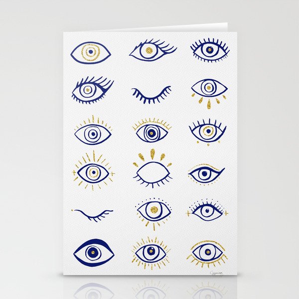 Evil Eyes - Navy and Gold Glitter Accents Stationery Cards