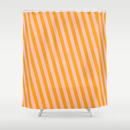 [ Thumbnail: Orange and Pink Colored Striped Pattern Shower Curtain ]