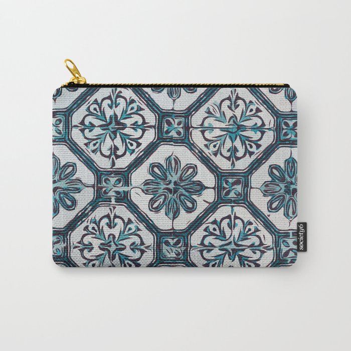 Portugese floral ceramic tile design in blue colors | Terrazzo | Blobs Carry-All Pouch