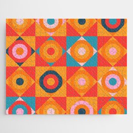 GEOMETRIC CIRCLE CHECKERBOARD TILES in SOUTHWESTERN DESERT COLORS CORAL ORANGE PINK TEAL BLUE Jigsaw Puzzle