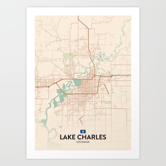 Lake Charles, Louisiana, United States - Vintage City Map Art Print by IMR  Designs
