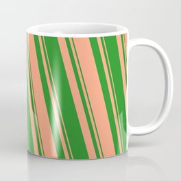 [ Thumbnail: Forest Green & Light Salmon Colored Lined/Striped Pattern Coffee Mug ]