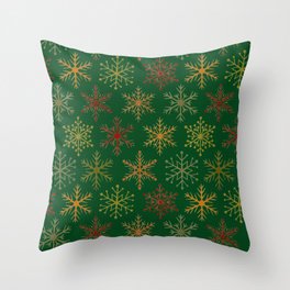 Snowflakes Wrapping Paper on Dark Green Background Throw Pillow