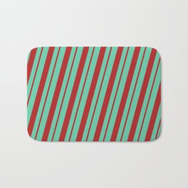 [ Thumbnail: Aquamarine & Red Colored Striped Pattern Bath Mat ]