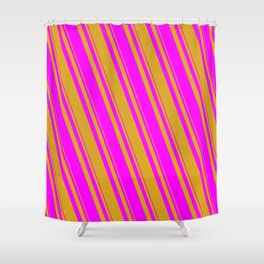 [ Thumbnail: Goldenrod and Fuchsia Colored Lined/Striped Pattern Shower Curtain ]