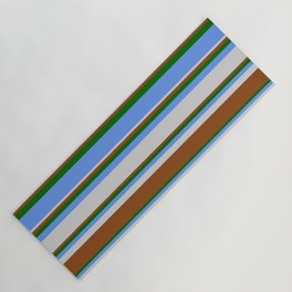 [ Thumbnail: Cornflower Blue, Light Grey, Brown & Dark Green Colored Pattern of Stripes Yoga Mat ]