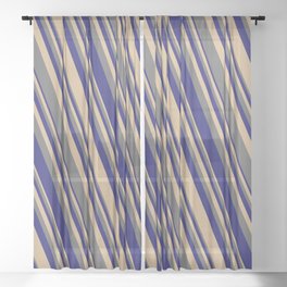 [ Thumbnail: Tan, Dim Gray, and Midnight Blue Colored Lined Pattern Sheer Curtain ]