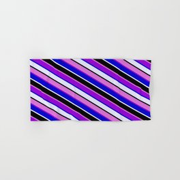 [ Thumbnail: Eyecatching Dark Violet, Blue, Lavender, Black & Orchid Colored Lines Pattern Hand & Bath Towel ]