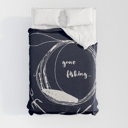 Gone fishing- illustration on marine blue Duvet Cover