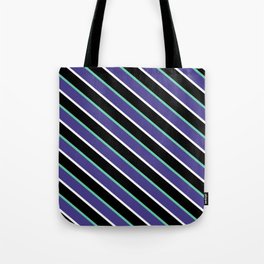 [ Thumbnail: Aquamarine, Dark Slate Blue, White, and Black Colored Striped/Lined Pattern Tote Bag ]
