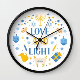 Love and Light lettering with traditional Hanukkah symbols Wall Clock | Calligraphy, Lettering, Israel, Traditional, Jewish, David, Dreidel, Star, Symbol, Loveandlight 