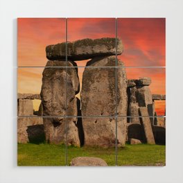 Great Britain Photography - Red Sunset Over The Famous Stonehenge Wood Wall Art