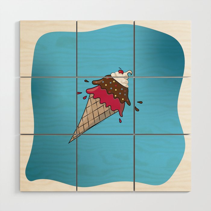 Yummy Ice Cream Cone Pattern on Striped Background Wood Wall Art
