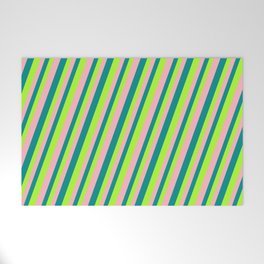 [ Thumbnail: Dark Cyan, Light Green, and Light Pink Colored Lined Pattern Welcome Mat ]