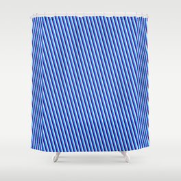 [ Thumbnail: Turquoise, Blue & Indigo Colored Lined/Striped Pattern Shower Curtain ]