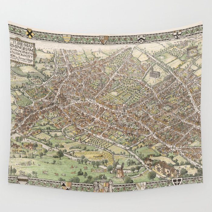 A Picture Map of Birmingham in 1730 - Vintage Pictorial Map Wall Tapestry