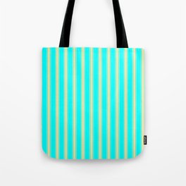 [ Thumbnail: Aqua and Pale Goldenrod Colored Lined Pattern Tote Bag ]