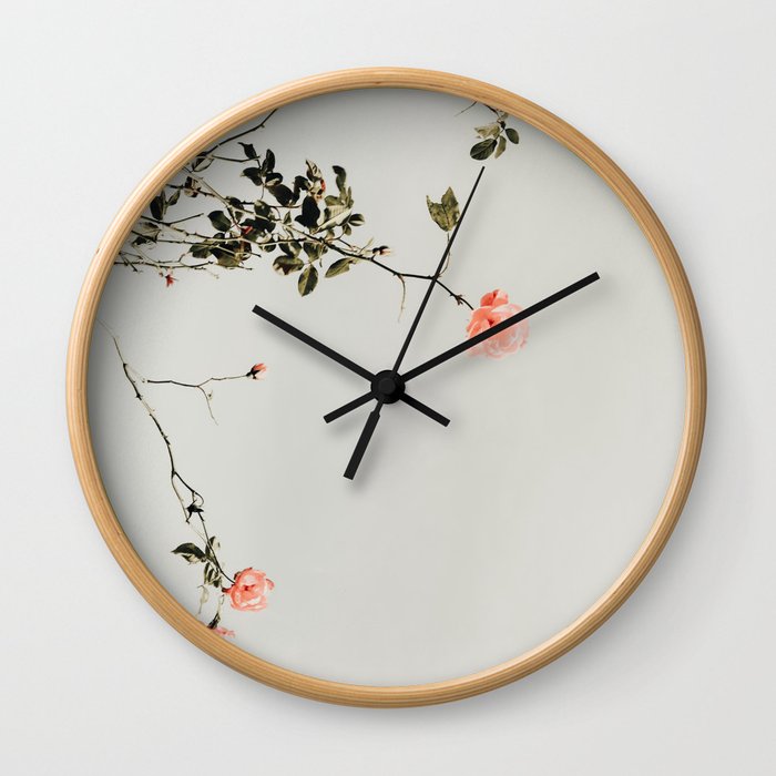 Pink Wild Roses - Minimal Flower Photography by Ingrid Beddoes Wall Clock