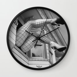 I know what you did last summer; high heel feet and legs out the window humorous black and white photograph - photography - photographs Wall Clock | Photogrpahs, Garterbelt, Outwindow, Black And White, Black, And, Female, Photograph, Legsup, White 