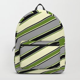 [ Thumbnail: Dark Grey, Green, Light Yellow, and Black Colored Lined Pattern Backpack ]