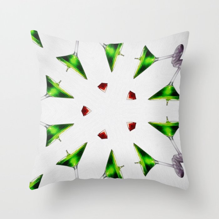 Emerald green appletini cocktails and martini aperitifs alcoholic beverages mixed drinks wine glass motif on the rocks portrait painting Throw Pillow