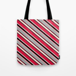 [ Thumbnail: Crimson, Beige, Dark Grey, and Black Colored Lined/Striped Pattern Tote Bag ]