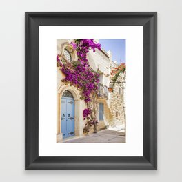 Wall wit cute door and flowers in Mdina, Malta Framed Art Print