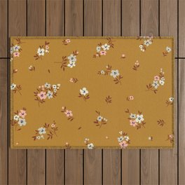 Vintage floral background. Floral pattern with small pastel color flowers on a yellow mustard background. Seamless pattern. Ditsy style. Stock vintage illustration.  Outdoor Rug