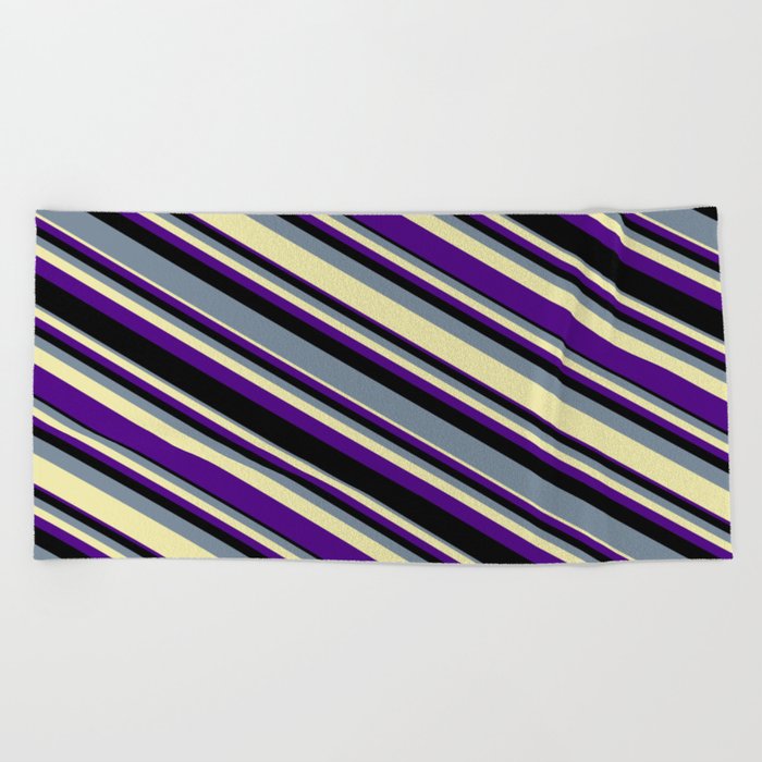 Light Slate Gray, Pale Goldenrod, Indigo, and Black Colored Lined/Striped Pattern Beach Towel