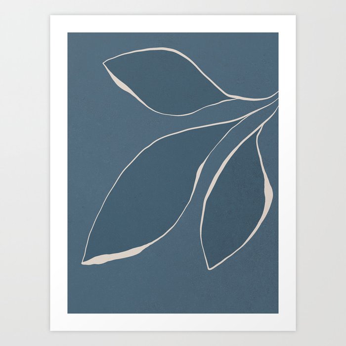 Abstract line-art leafy trio 4b - dark blue Art Print