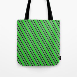 [ Thumbnail: Lime Green, Black, and Orchid Colored Stripes Pattern Tote Bag ]