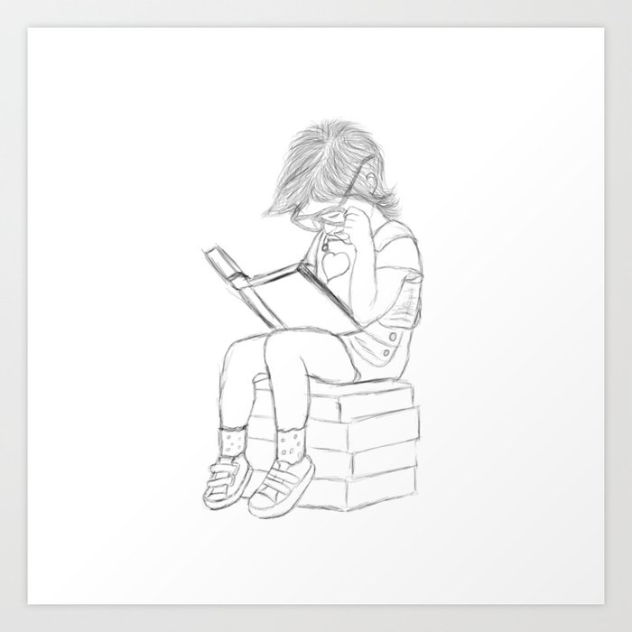 Little Girl And Her Book Art Print By Icaroferracini Society6,Cool Cute Girl Drawing Ideas