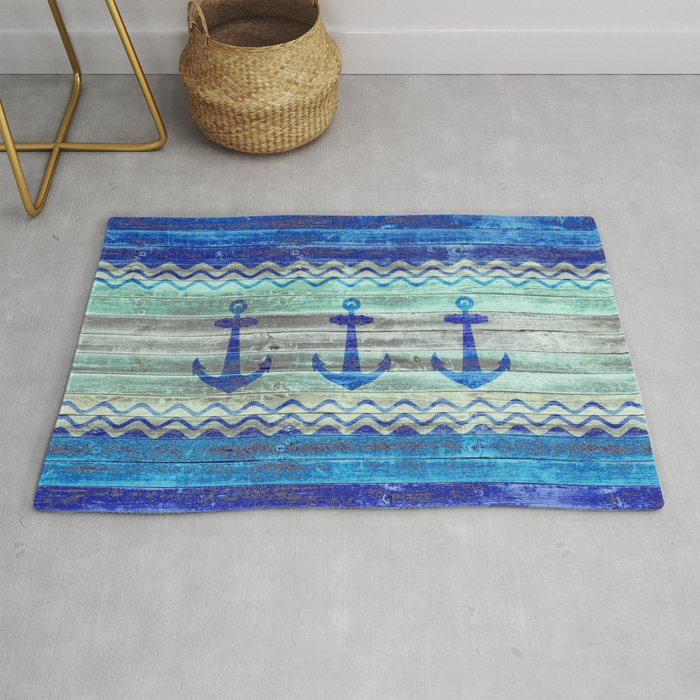 Rustic Navy Blue Coastal Decor Anchors Rug By