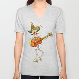 Mexican Skeleton Playing Guitar V Neck T Shirt