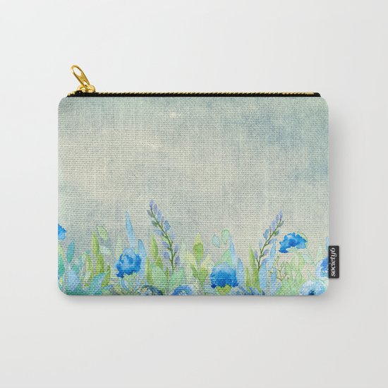 Blue flowers and roses in a meadow- Floral watercolor illustration Carry-All Pouch