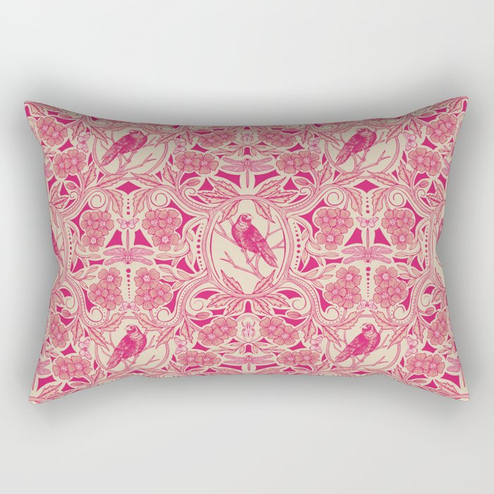 Hot Pink/Red & Cream Crow & Dragonfly Floral Rectangular Pillow