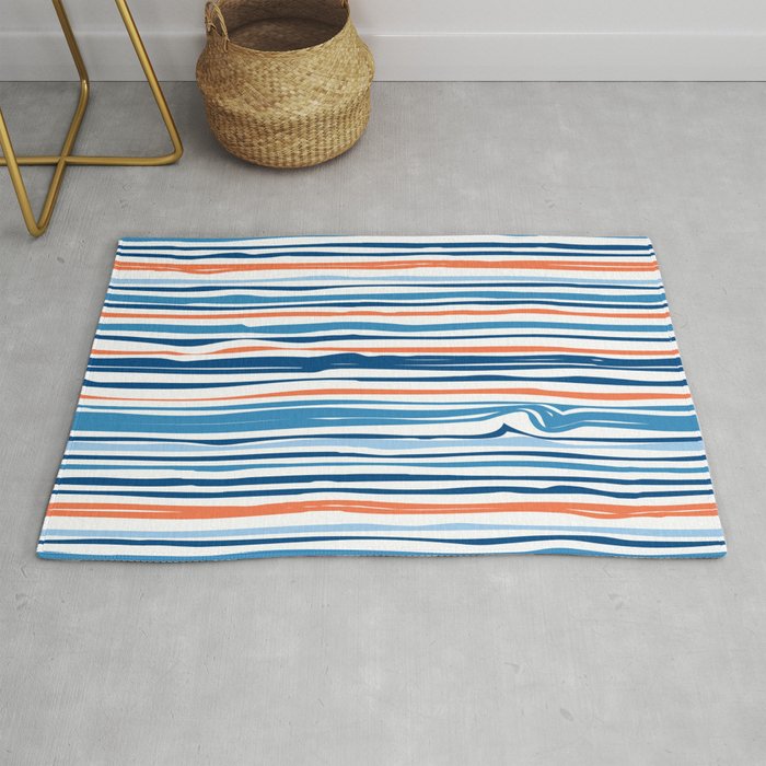 Modern Abstract Ocean Wave Stripes in Classic Blues and Orange Rug