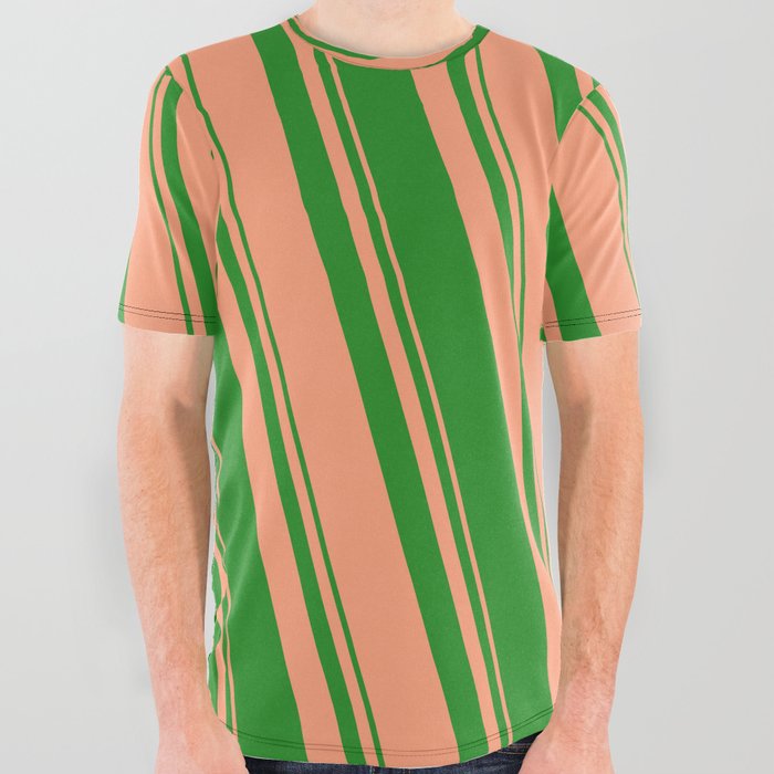 Forest Green & Light Salmon Colored Lined/Striped Pattern All Over Graphic Tee