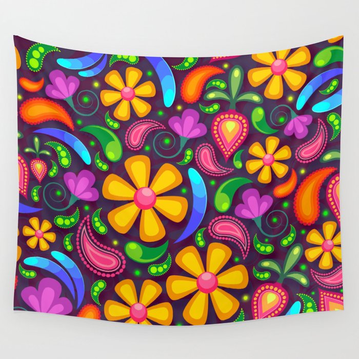 Brightly Colored Yellow Floral Pattern Wall Tapestry