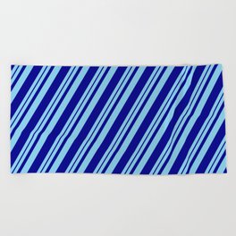 [ Thumbnail: Sky Blue and Dark Blue Colored Stripes Pattern Beach Towel ]