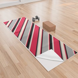 [ Thumbnail: Crimson, Beige, Dark Grey, and Black Colored Lined/Striped Pattern Yoga Towel ]