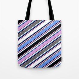 [ Thumbnail: Eye-catching Cornflower Blue, Black, Plum, Dim Grey, and White Colored Lined Pattern Tote Bag ]